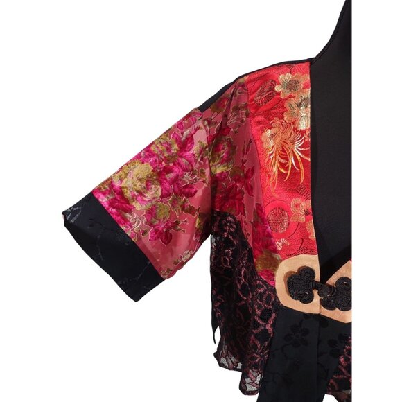 Vintage Spencer Alexis S Black Red Velvet Burnout Blouse Kimono Embroidered Lace - Picture 3 of 6